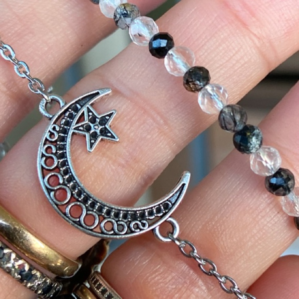 Double layer necklace moon star & druzy quartz - Picture 2 of 11